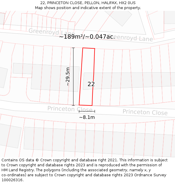 22, PRINCETON CLOSE, PELLON, HALIFAX, HX2 0US: Plot and title map