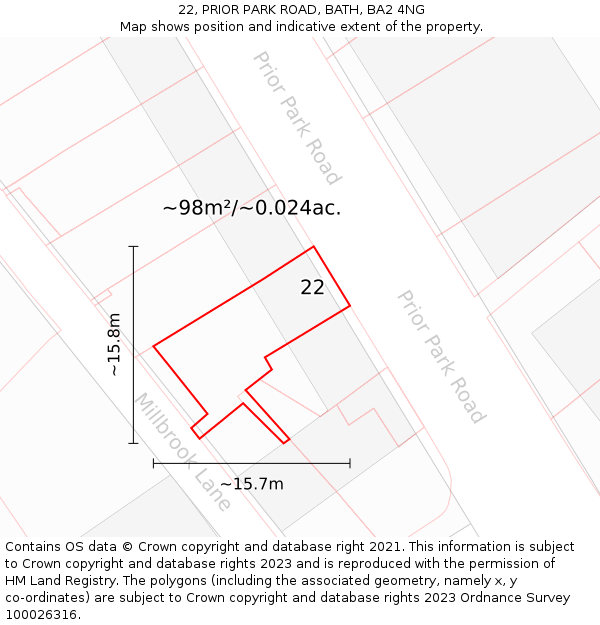 22, PRIOR PARK ROAD, BATH, BA2 4NG: Plot and title map