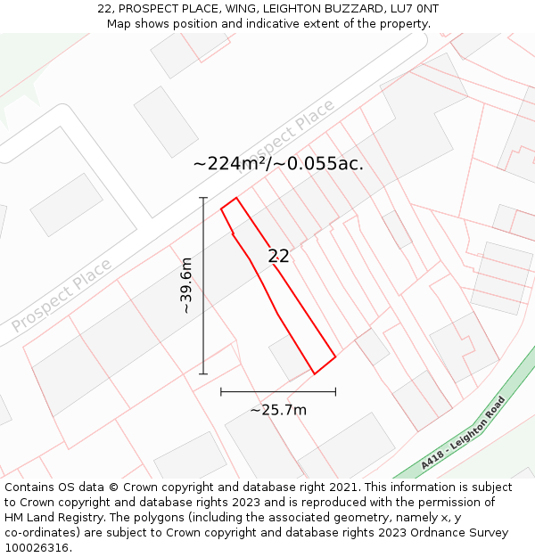 22, PROSPECT PLACE, WING, LEIGHTON BUZZARD, LU7 0NT: Plot and title map