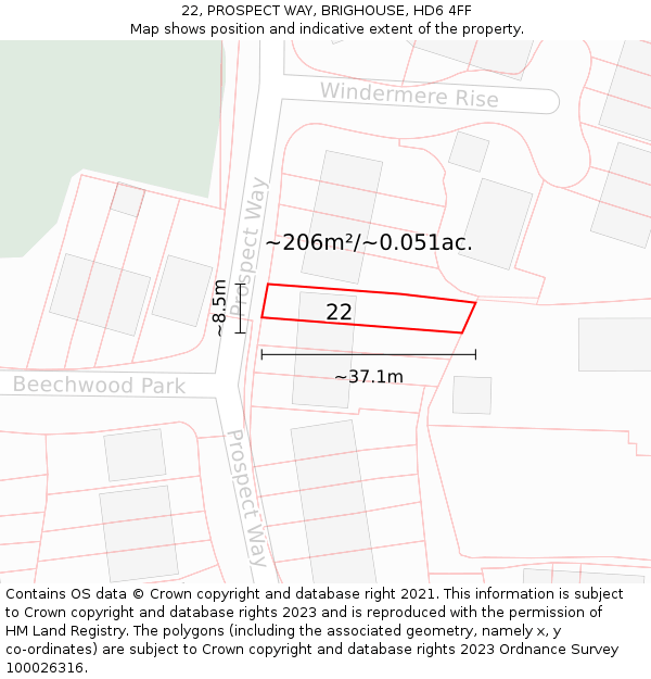 22, PROSPECT WAY, BRIGHOUSE, HD6 4FF: Plot and title map