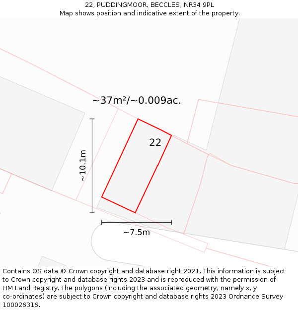 22, PUDDINGMOOR, BECCLES, NR34 9PL: Plot and title map
