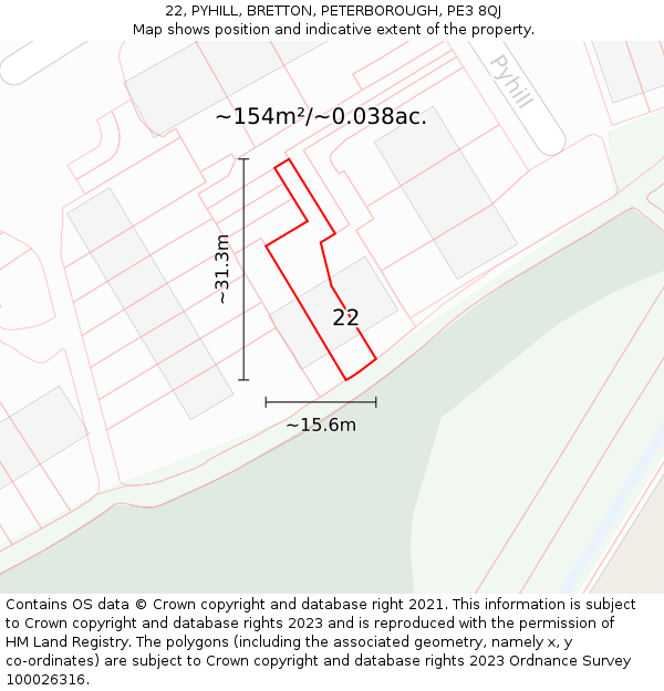 22, PYHILL, BRETTON, PETERBOROUGH, PE3 8QJ: Plot and title map