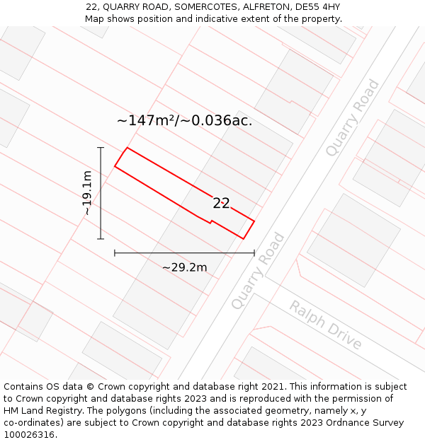 22, QUARRY ROAD, SOMERCOTES, ALFRETON, DE55 4HY: Plot and title map