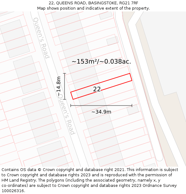 22, QUEENS ROAD, BASINGSTOKE, RG21 7RF: Plot and title map