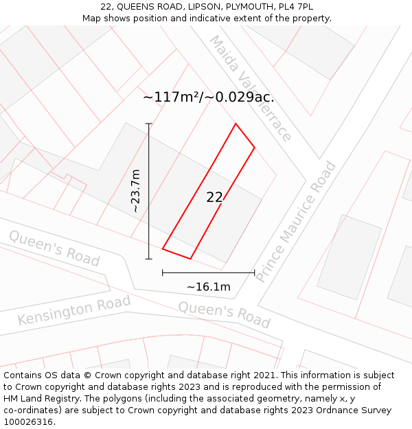 22, QUEENS ROAD, LIPSON, PLYMOUTH, PL4 7PL: Plot and title map