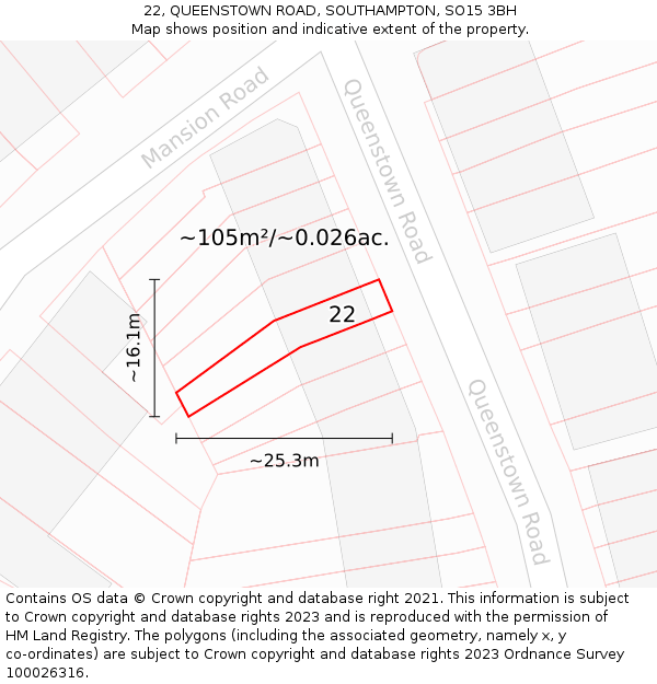 22, QUEENSTOWN ROAD, SOUTHAMPTON, SO15 3BH: Plot and title map