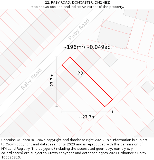 22, RABY ROAD, DONCASTER, DN2 4BZ: Plot and title map