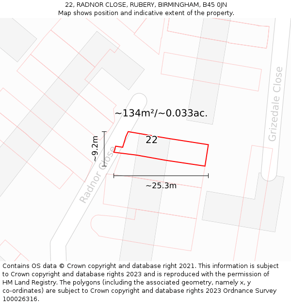 22, RADNOR CLOSE, RUBERY, BIRMINGHAM, B45 0JN: Plot and title map