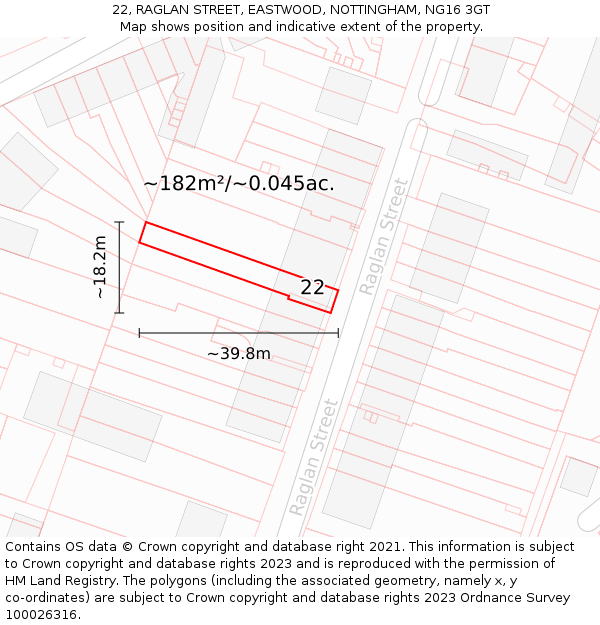 22, RAGLAN STREET, EASTWOOD, NOTTINGHAM, NG16 3GT: Plot and title map