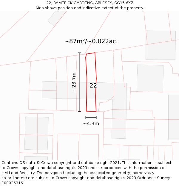 22, RAMERICK GARDENS, ARLESEY, SG15 6XZ: Plot and title map