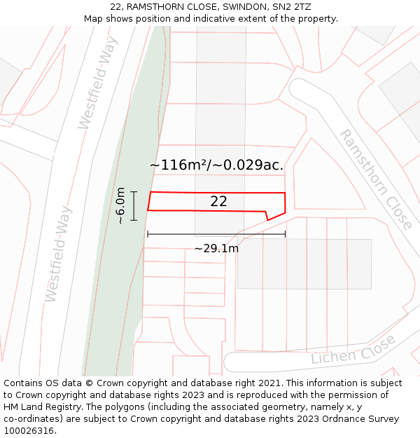 22, RAMSTHORN CLOSE, SWINDON, SN2 2TZ: Plot and title map