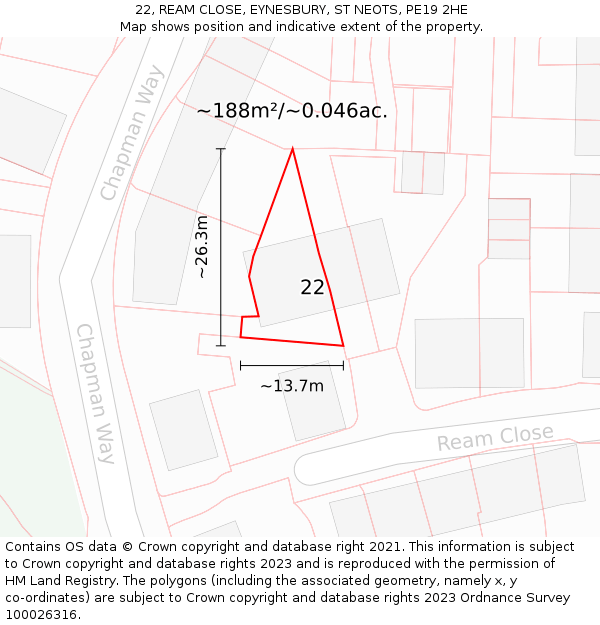 22, REAM CLOSE, EYNESBURY, ST NEOTS, PE19 2HE: Plot and title map