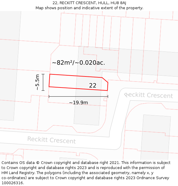 22, RECKITT CRESCENT, HULL, HU8 8AJ: Plot and title map