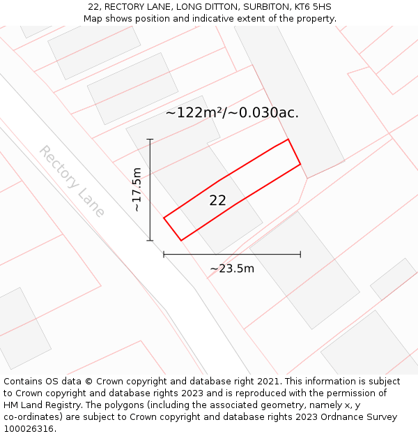 22, RECTORY LANE, LONG DITTON, SURBITON, KT6 5HS: Plot and title map