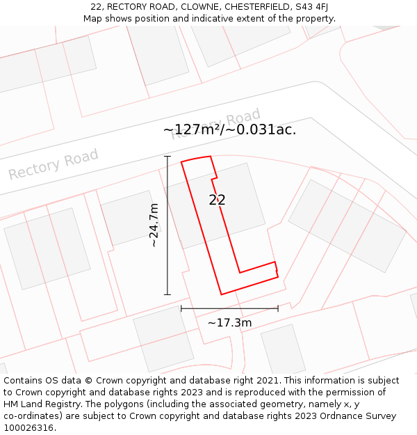 22, RECTORY ROAD, CLOWNE, CHESTERFIELD, S43 4FJ: Plot and title map