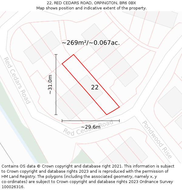 22, RED CEDARS ROAD, ORPINGTON, BR6 0BX: Plot and title map