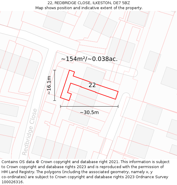 22, REDBRIDGE CLOSE, ILKESTON, DE7 5BZ: Plot and title map