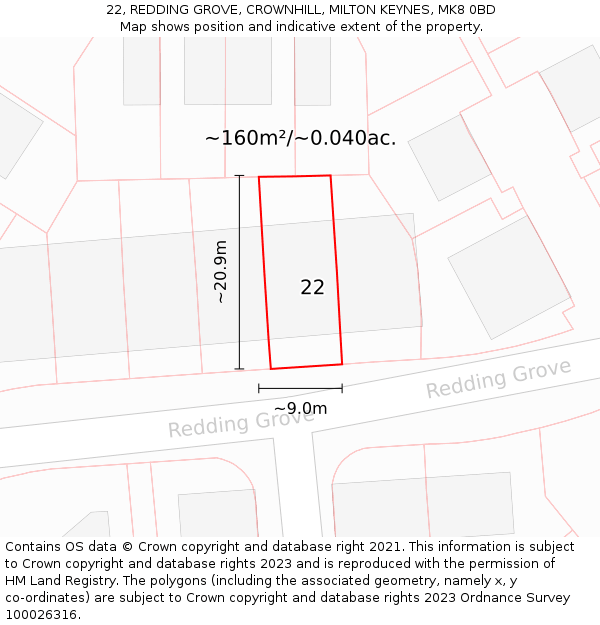 22, REDDING GROVE, CROWNHILL, MILTON KEYNES, MK8 0BD: Plot and title map