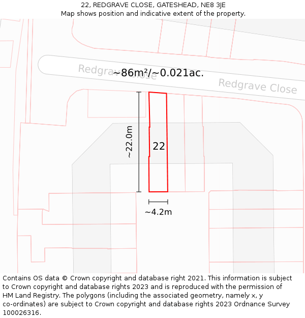 22, REDGRAVE CLOSE, GATESHEAD, NE8 3JE: Plot and title map