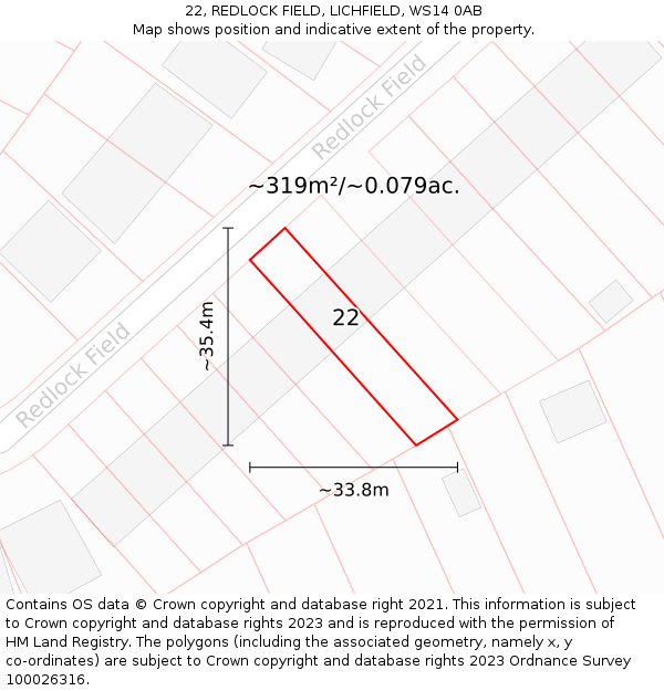 22, REDLOCK FIELD, LICHFIELD, WS14 0AB: Plot and title map
