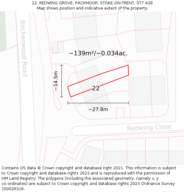 22, REDWING GROVE, PACKMOOR, STOKE-ON-TRENT, ST7 4GE: Plot and title map