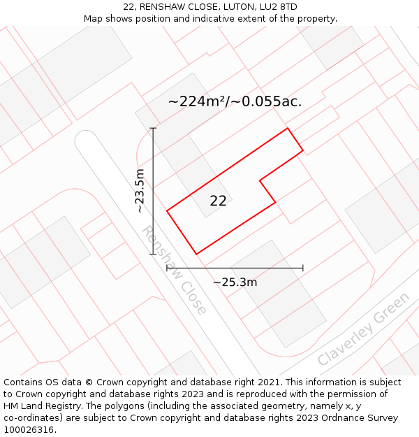 22, RENSHAW CLOSE, LUTON, LU2 8TD: Plot and title map