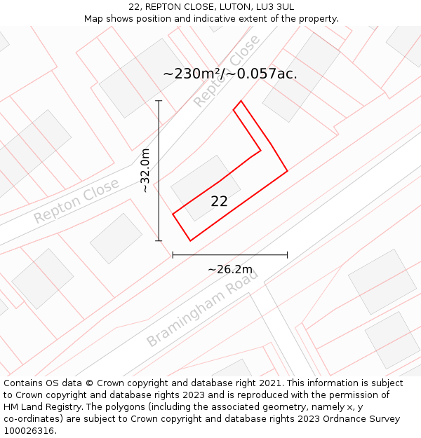 22, REPTON CLOSE, LUTON, LU3 3UL: Plot and title map