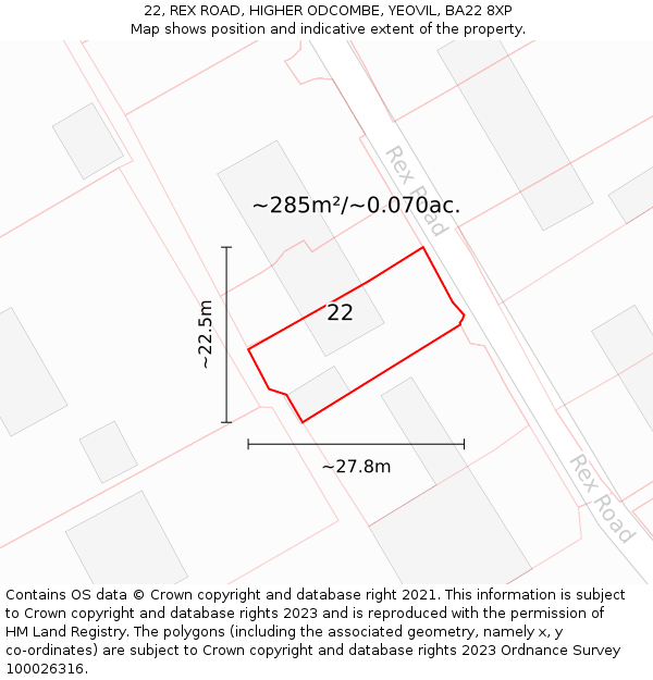 22, REX ROAD, HIGHER ODCOMBE, YEOVIL, BA22 8XP: Plot and title map