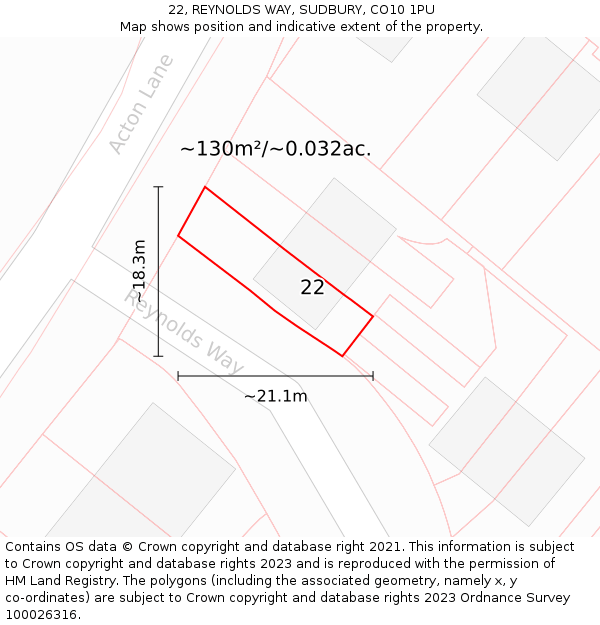 22, REYNOLDS WAY, SUDBURY, CO10 1PU: Plot and title map