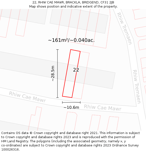 22, RHIW CAE MAWR, BRACKLA, BRIDGEND, CF31 2JB: Plot and title map
