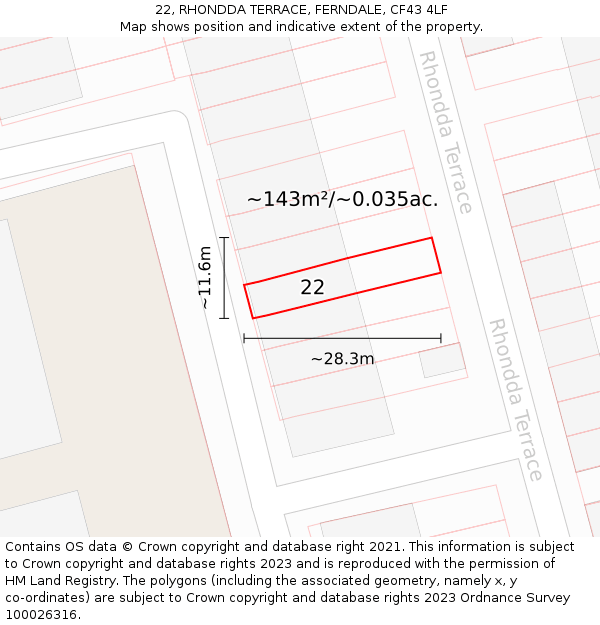 22, RHONDDA TERRACE, FERNDALE, CF43 4LF: Plot and title map