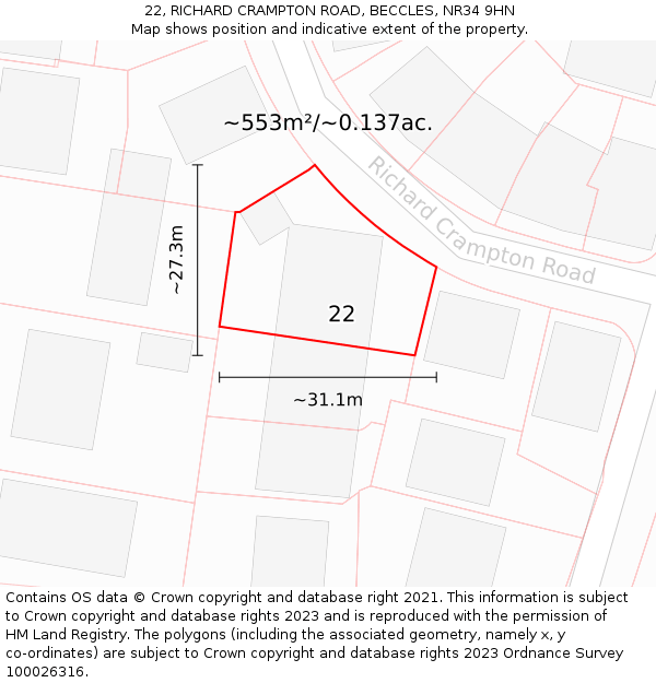 22, RICHARD CRAMPTON ROAD, BECCLES, NR34 9HN: Plot and title map