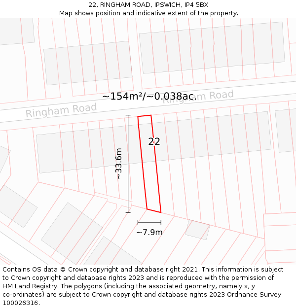 22, RINGHAM ROAD, IPSWICH, IP4 5BX: Plot and title map