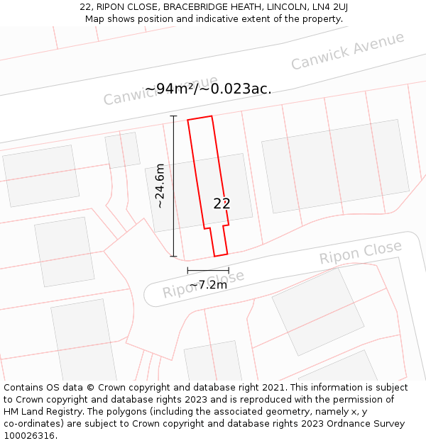 22, RIPON CLOSE, BRACEBRIDGE HEATH, LINCOLN, LN4 2UJ: Plot and title map