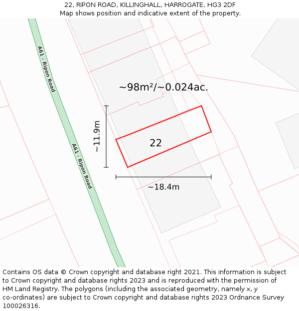 22, RIPON ROAD, KILLINGHALL, HARROGATE, HG3 2DF: Plot and title map