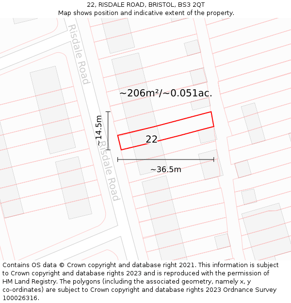 22, RISDALE ROAD, BRISTOL, BS3 2QT: Plot and title map