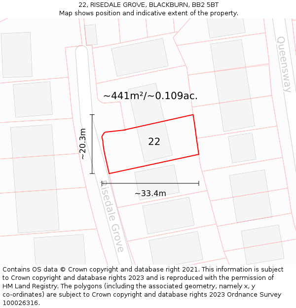 22, RISEDALE GROVE, BLACKBURN, BB2 5BT: Plot and title map