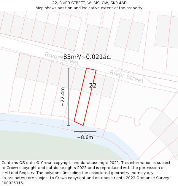 22, RIVER STREET, WILMSLOW, SK9 4AB: Plot and title map