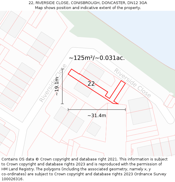 22, RIVERSIDE CLOSE, CONISBROUGH, DONCASTER, DN12 3GA: Plot and title map