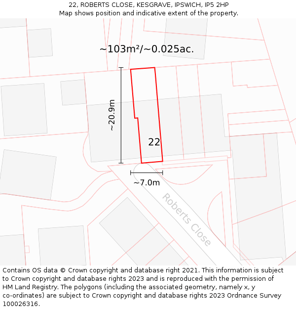 22, ROBERTS CLOSE, KESGRAVE, IPSWICH, IP5 2HP: Plot and title map