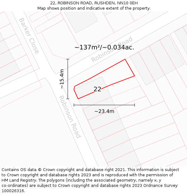 22, ROBINSON ROAD, RUSHDEN, NN10 0EH: Plot and title map