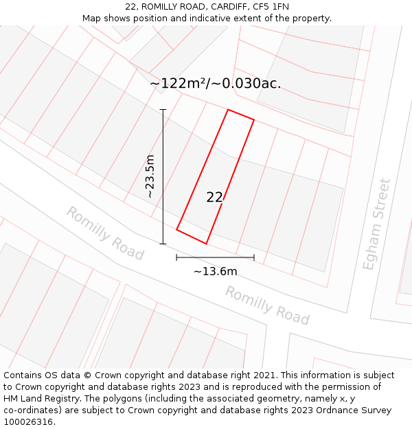 22, ROMILLY ROAD, CARDIFF, CF5 1FN: Plot and title map