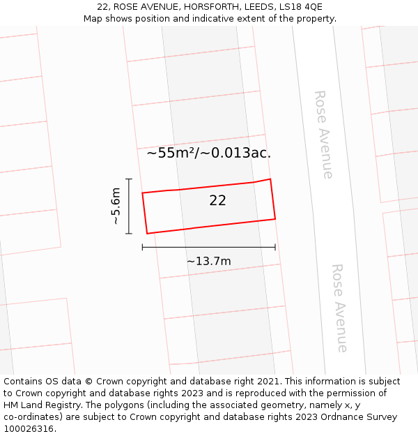 22, ROSE AVENUE, HORSFORTH, LEEDS, LS18 4QE: Plot and title map