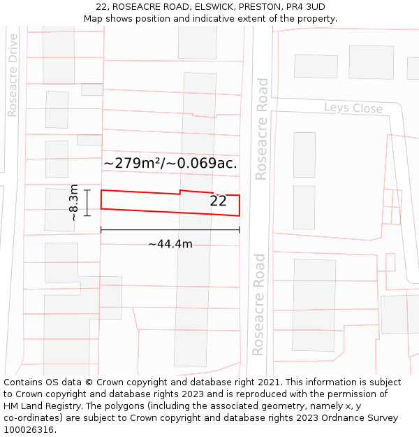 22, ROSEACRE ROAD, ELSWICK, PRESTON, PR4 3UD: Plot and title map