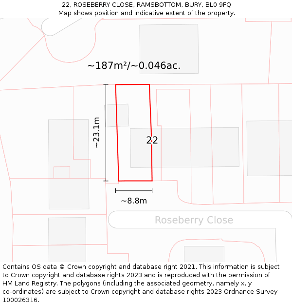 22, ROSEBERRY CLOSE, RAMSBOTTOM, BURY, BL0 9FQ: Plot and title map
