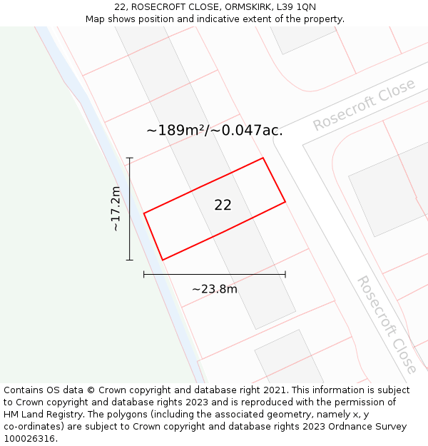 22, ROSECROFT CLOSE, ORMSKIRK, L39 1QN: Plot and title map