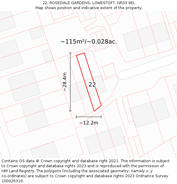 22, ROSEDALE GARDENS, LOWESTOFT, NR33 9EL: Plot and title map