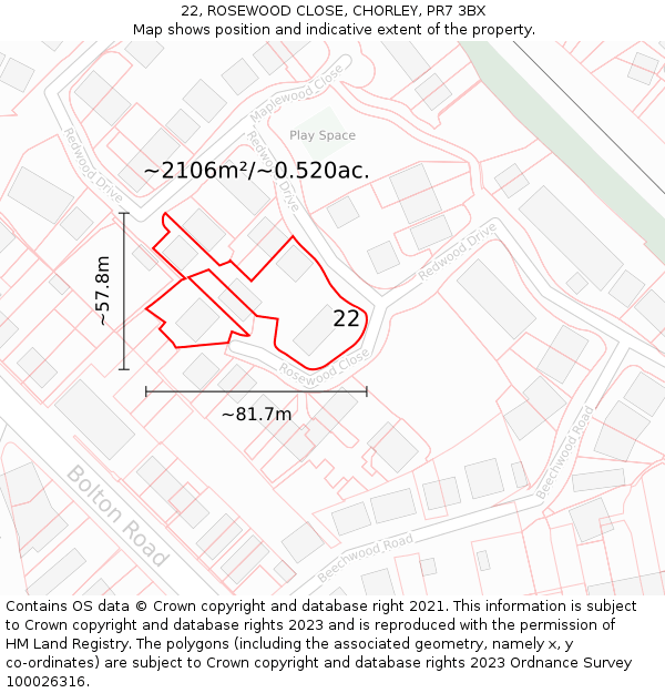 22, ROSEWOOD CLOSE, CHORLEY, PR7 3BX: Plot and title map