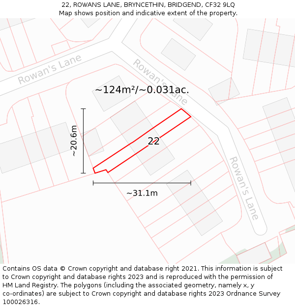 22, ROWANS LANE, BRYNCETHIN, BRIDGEND, CF32 9LQ: Plot and title map