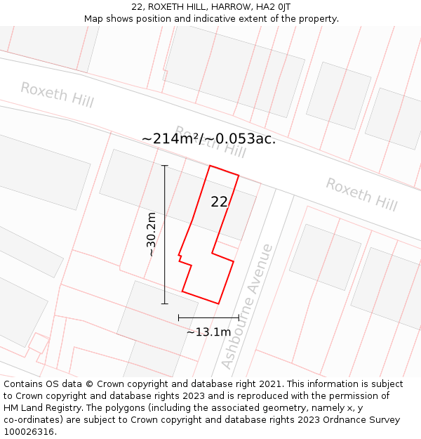 22, ROXETH HILL, HARROW, HA2 0JT: Plot and title map